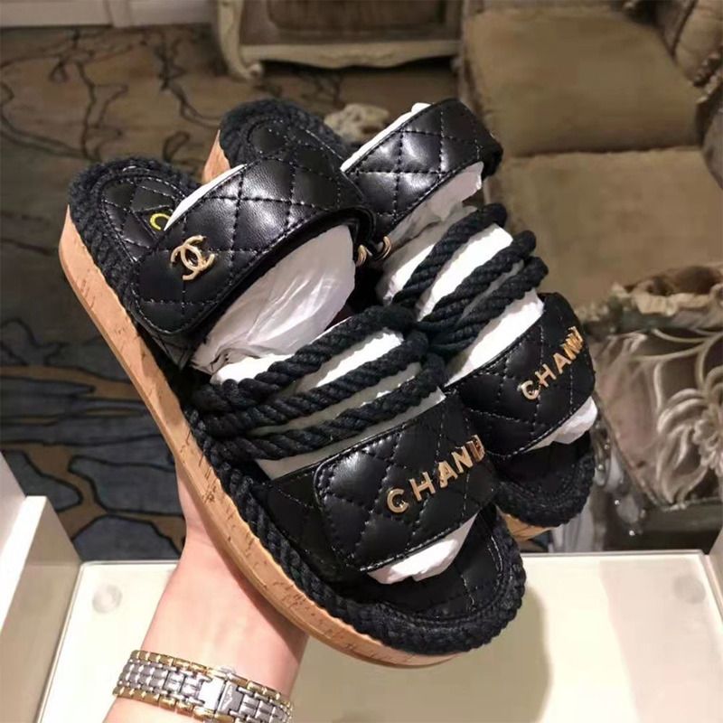 Ch*el 21s dad cord black rope quilted gold cc logo mule slides