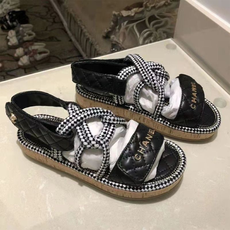 Ch*el 21s dad cord black&white rope quilted gold cc logo mule flat sandals