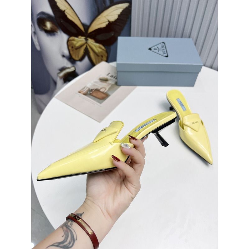 Pra*a logo patent leather pointy toe mule in yellow