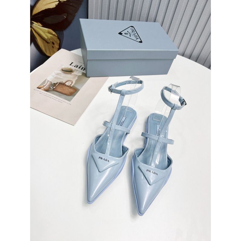 Pra*a logo patent leather pointy toe flat sandals blue