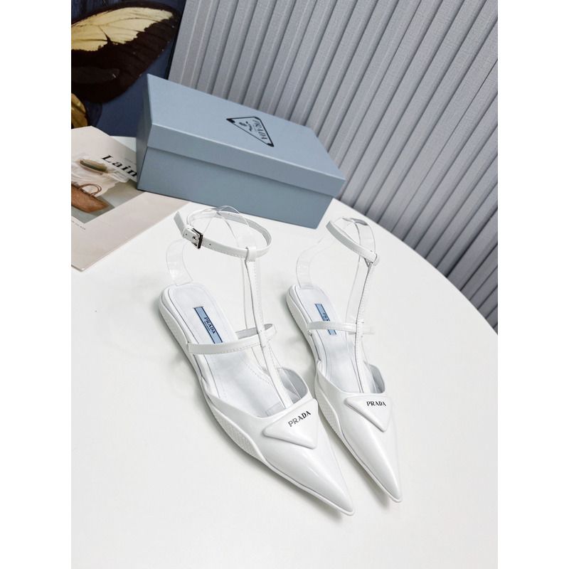 Pra*a logo patent leather pointy toe flat sandals white