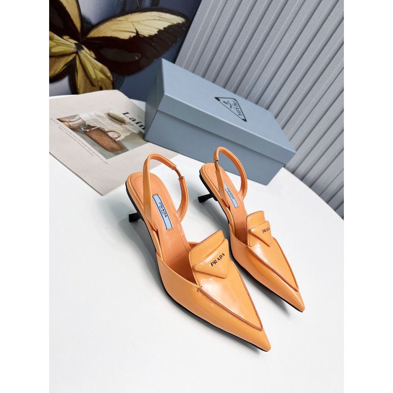 Pra*a logo patent leather pointy toe mule slide orange