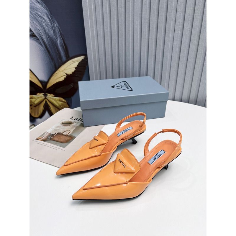 Pra*a logo patent leather pointy toe mule slide orange