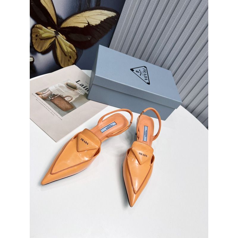 Pra*a logo patent leather pointy toe mule slide orange