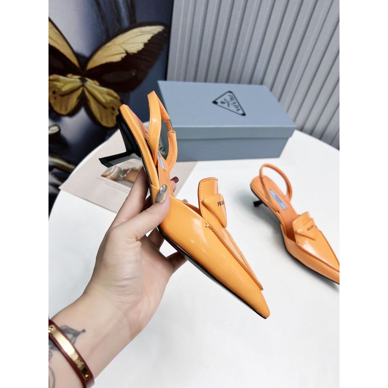 Pra*a logo patent leather pointy toe mule slide orange