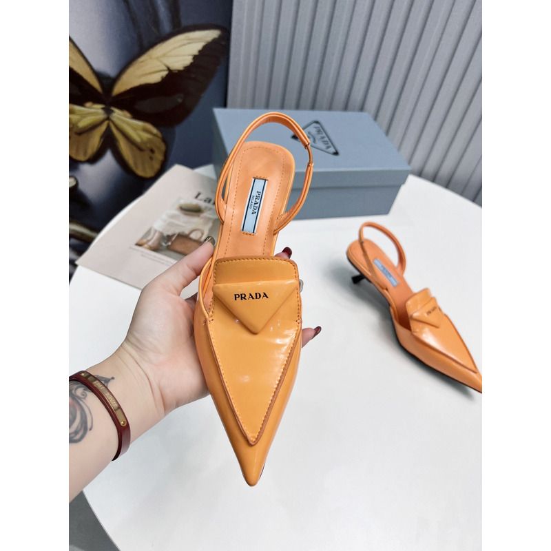 Pra*a logo patent leather pointy toe mule slide orange