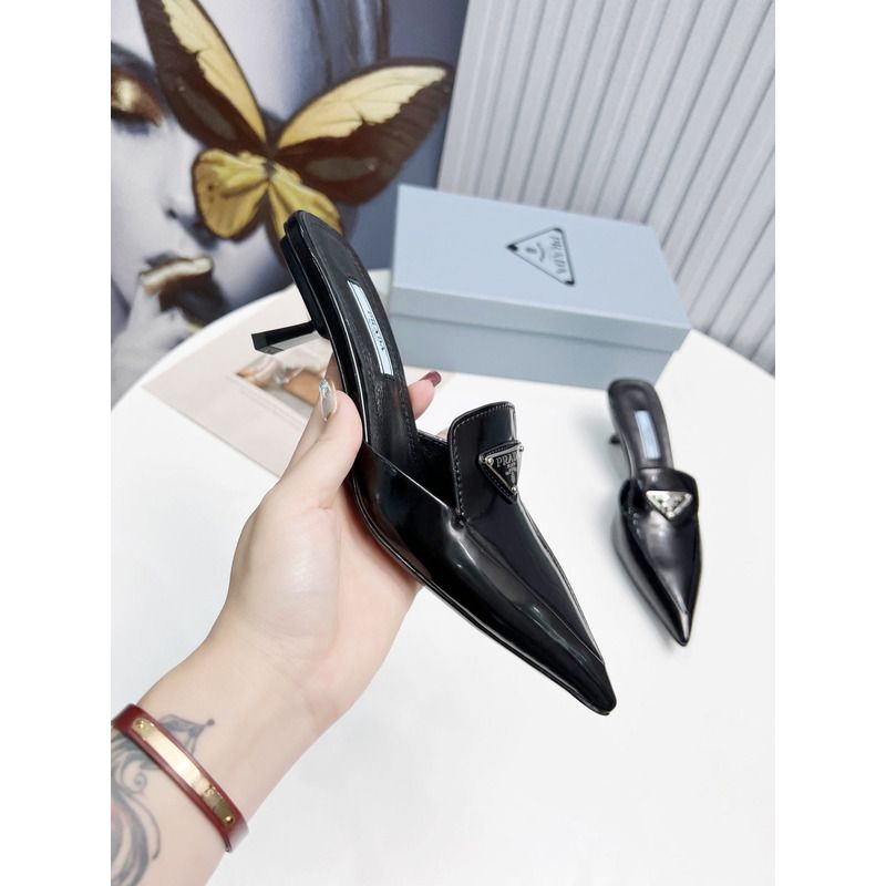 Pra*a logo patent leather pointy toe mule slide black