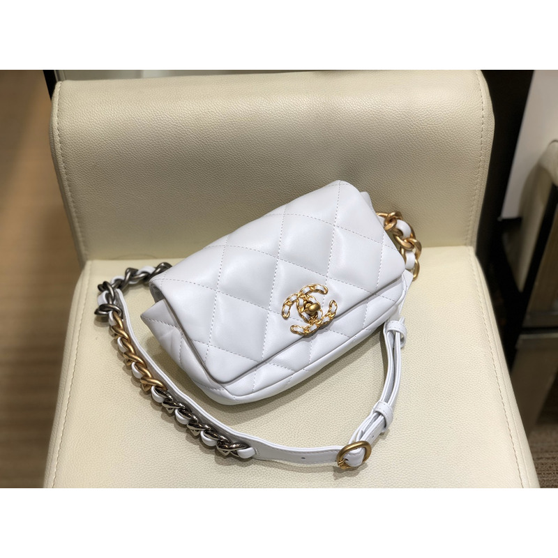 Ch*el 19 lamb skin metal golden buckle handbag  white