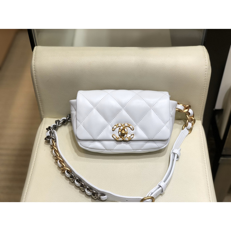 Ch*el 19 lamb skin metal golden buckle handbag  white