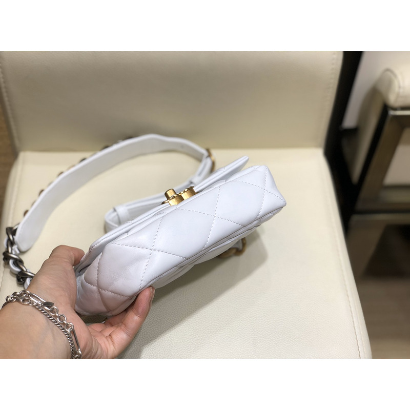 Ch*el 19 lamb skin metal golden buckle handbag  white