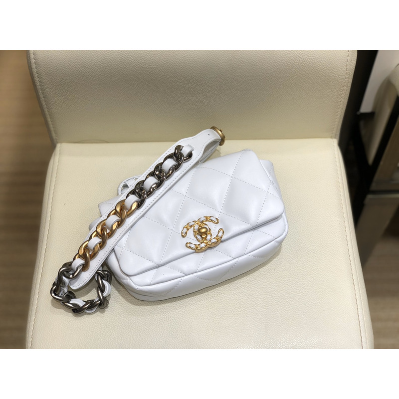 Ch*el 19 lamb skin metal golden buckle handbag  white