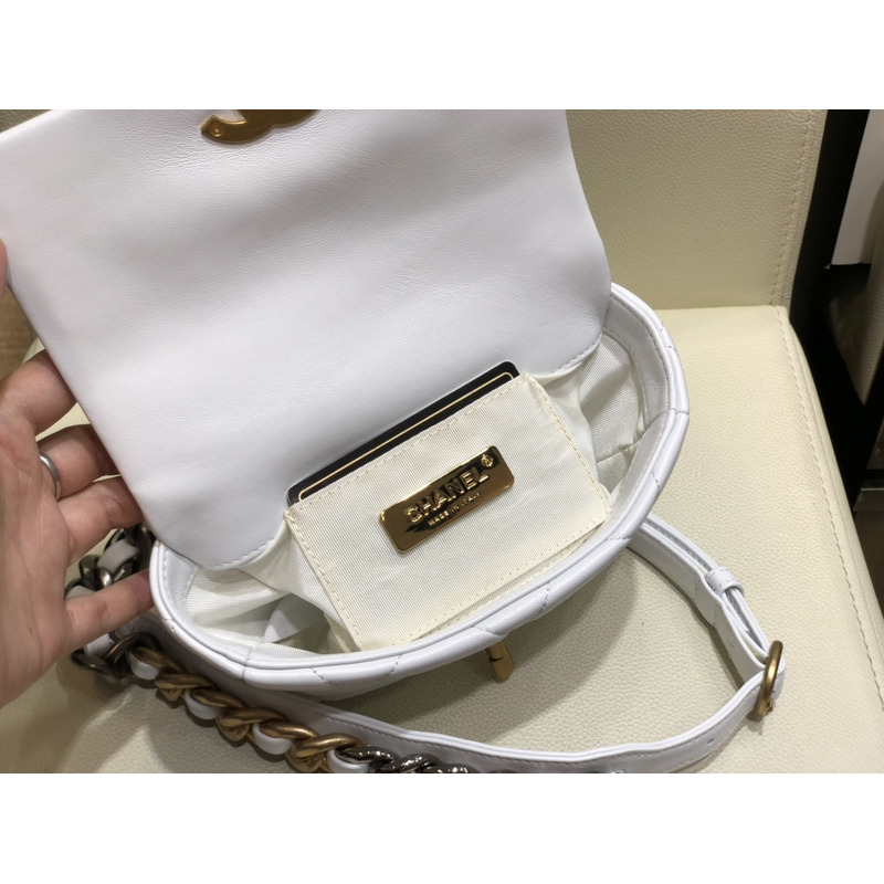 Ch*el 19 lamb skin metal golden buckle handbag  white