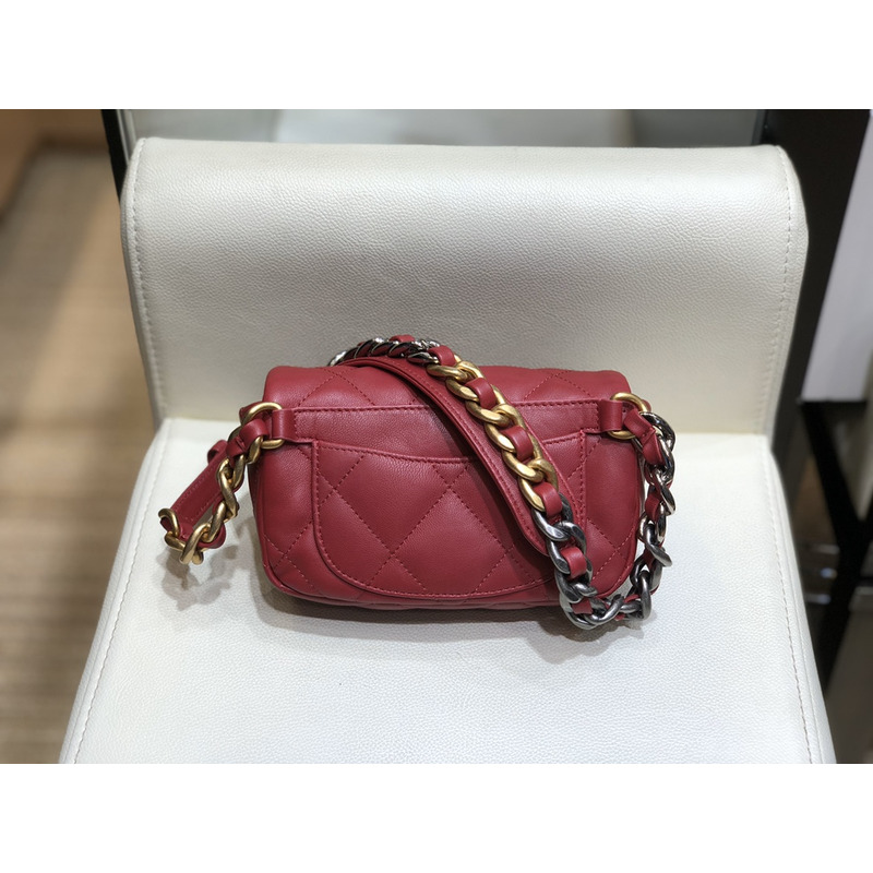 Ch*el 19 lamb skin metal golden buckle handbag red