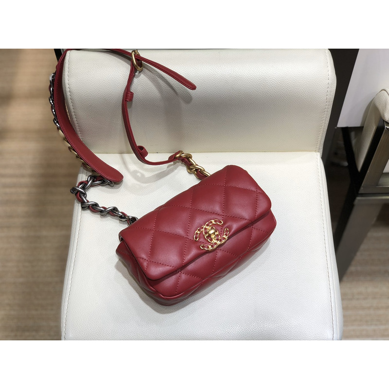 Ch*el 19 lamb skin metal golden buckle handbag red