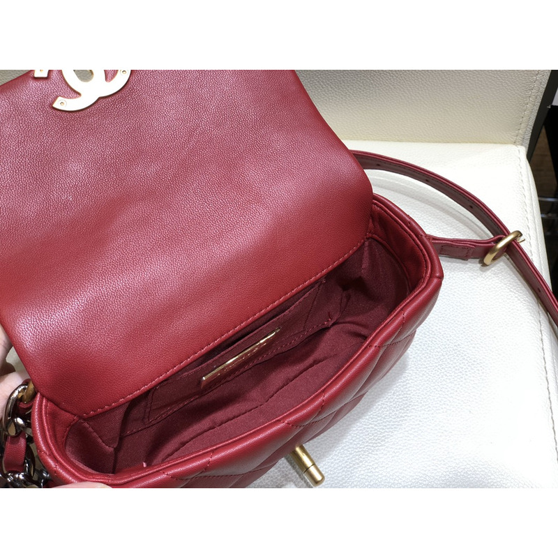 Ch*el 19 lamb skin metal golden buckle handbag red