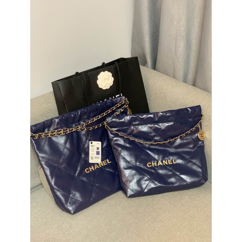 Ch*el glossy calfskin & gold-tone metal dark blue