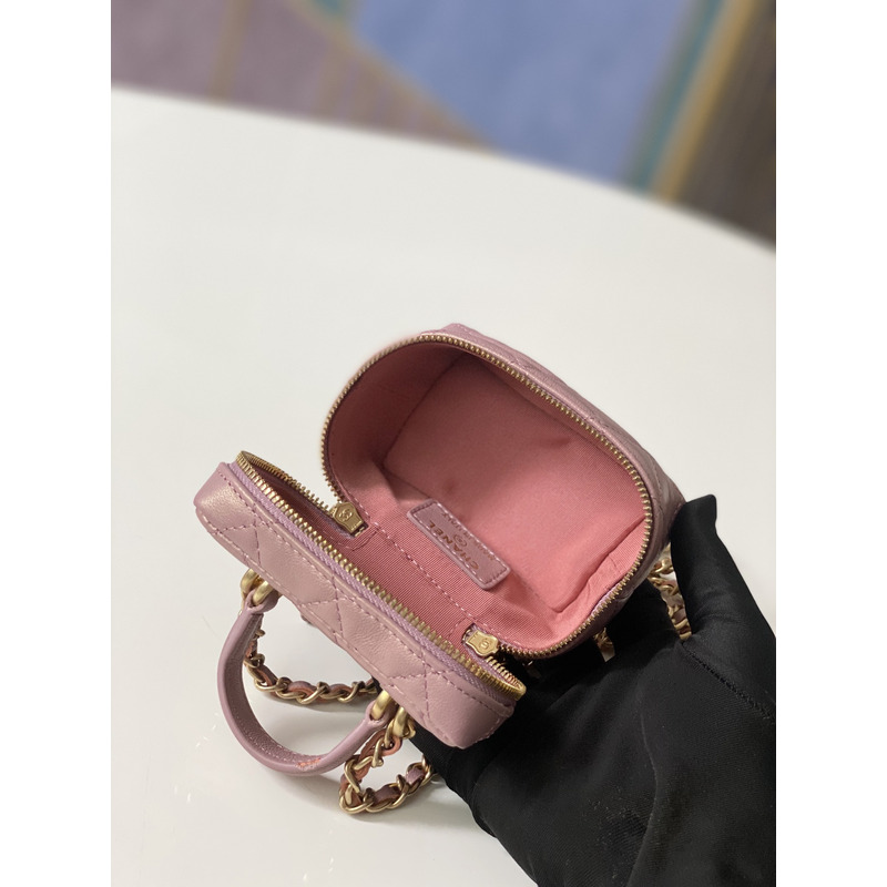 Ch*el small vanity case with top handle gold tone metal pink