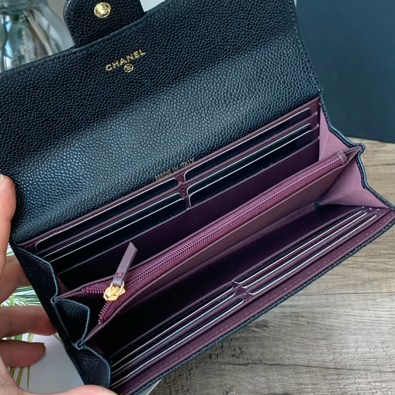 Ch*el classic long flap wallet in caviar with gold tone metal black