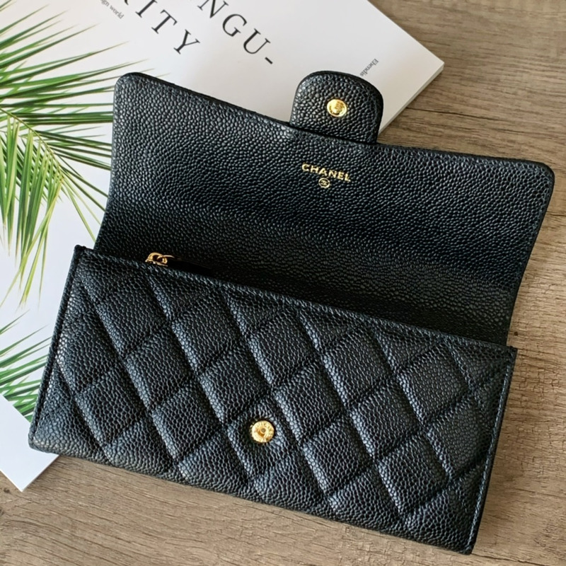 Ch*el classic long flap wallet in caviar with gold tone metal black