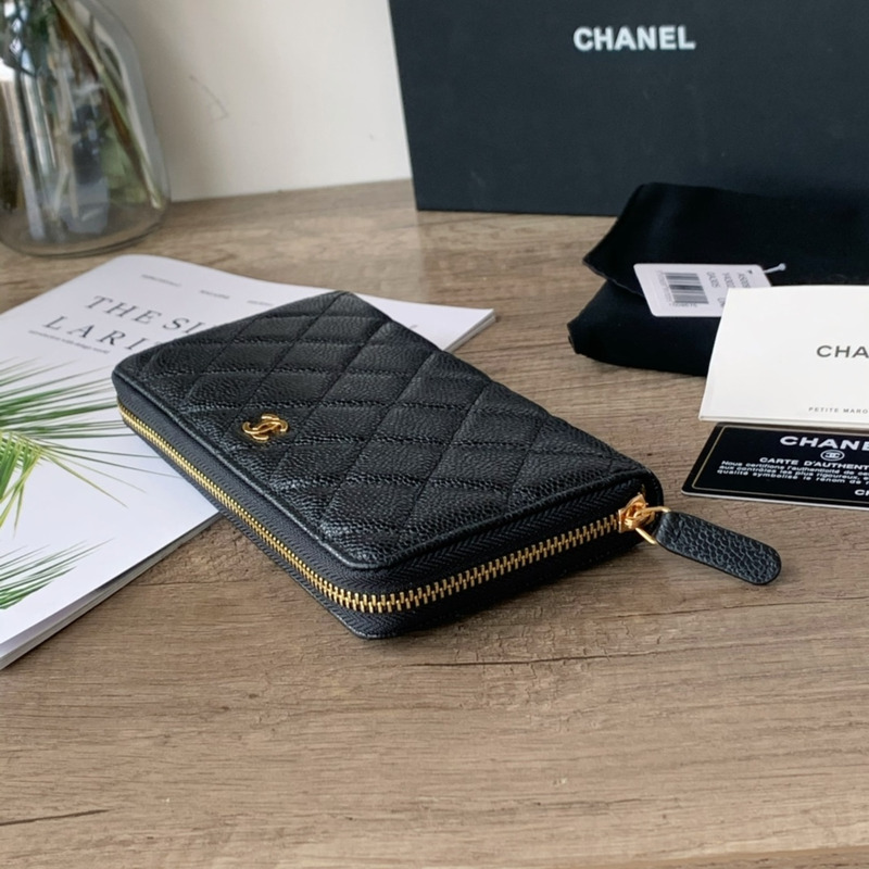 Ch*el classic long zipped wallet gold tone metal black