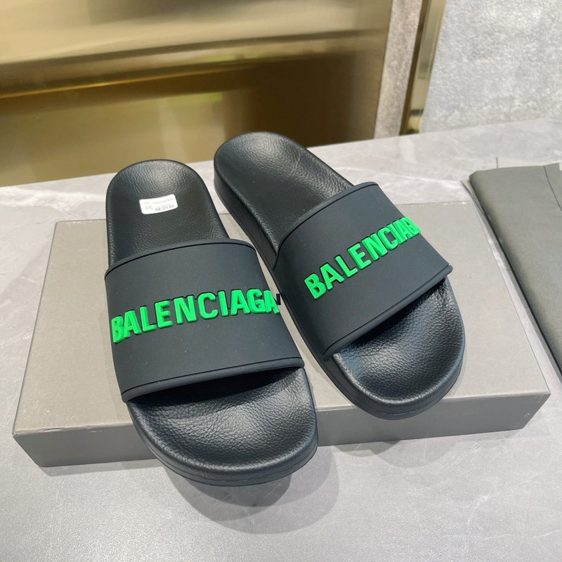 Ba*len*cia*ga 3d logo print pool slide sandal black & fluo green