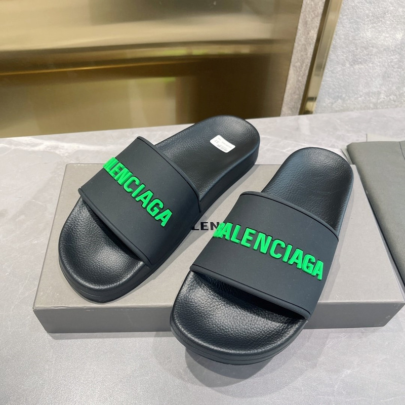 Ba*len*cia*ga 3d logo print pool slide sandal black & fluo green