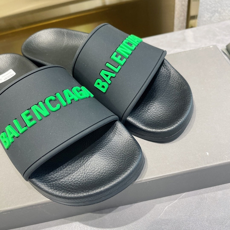 Ba*len*cia*ga 3d logo print pool slide sandal black & fluo green