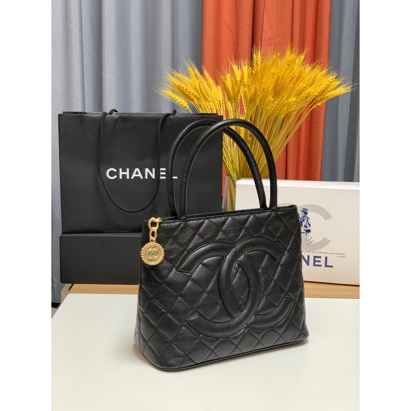 Ch*el medallion tote bag ghw caviar skin leather black