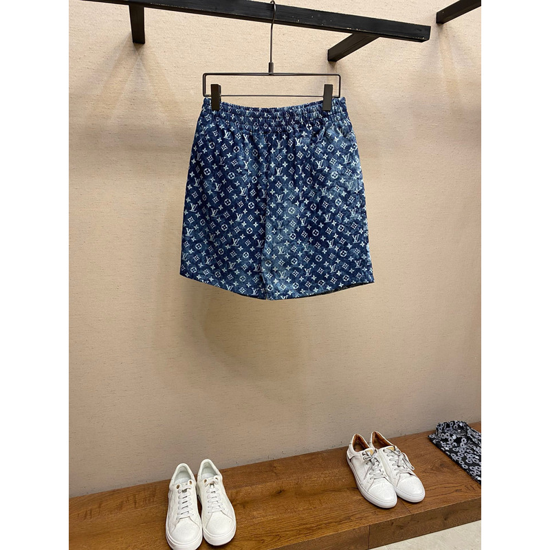 l**is V*t*n blue monogram print denim shirt shorts two piece set