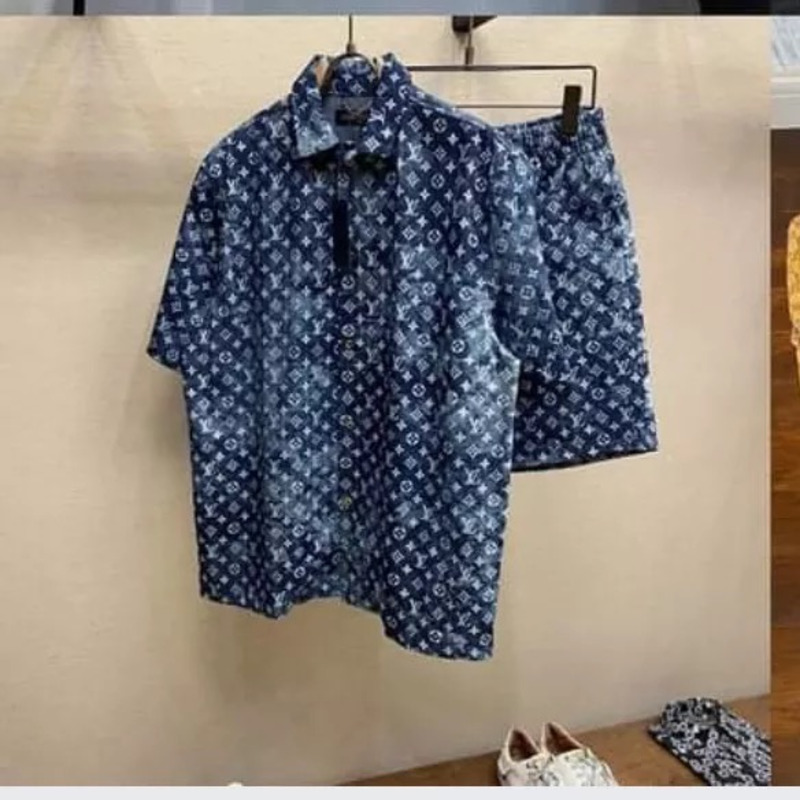 l**is V*t*n blue monogram print denim shirt shorts two piece set