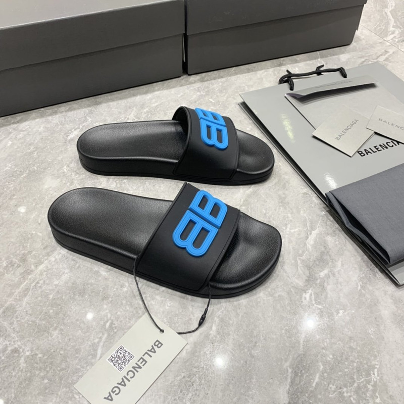 Ba*len*cia*ga pool slides 3d bb logo blue black