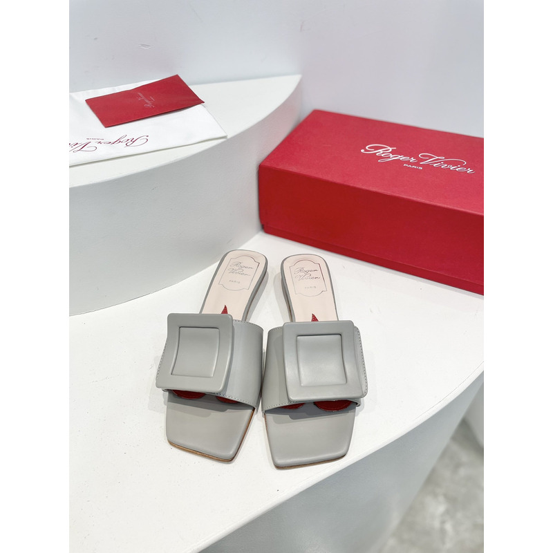 Roger Vivie Covered Patent Leather Buckle Mules Gray