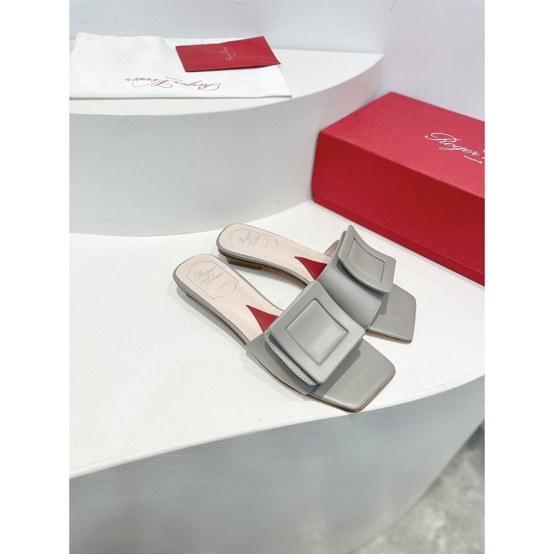 Roger Vivie Covered Patent Leather Buckle Mules Gray