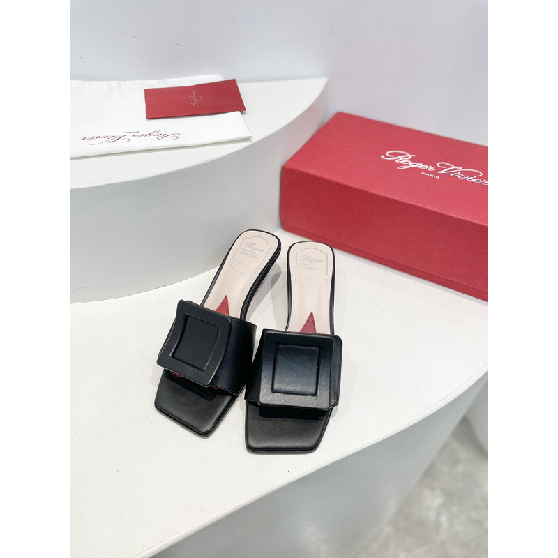 Roger Vivie Covered Patent Leather Buckle Mules Black