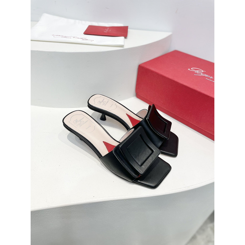 Roger Vivie Covered Patent Leather Buckle Mules Black