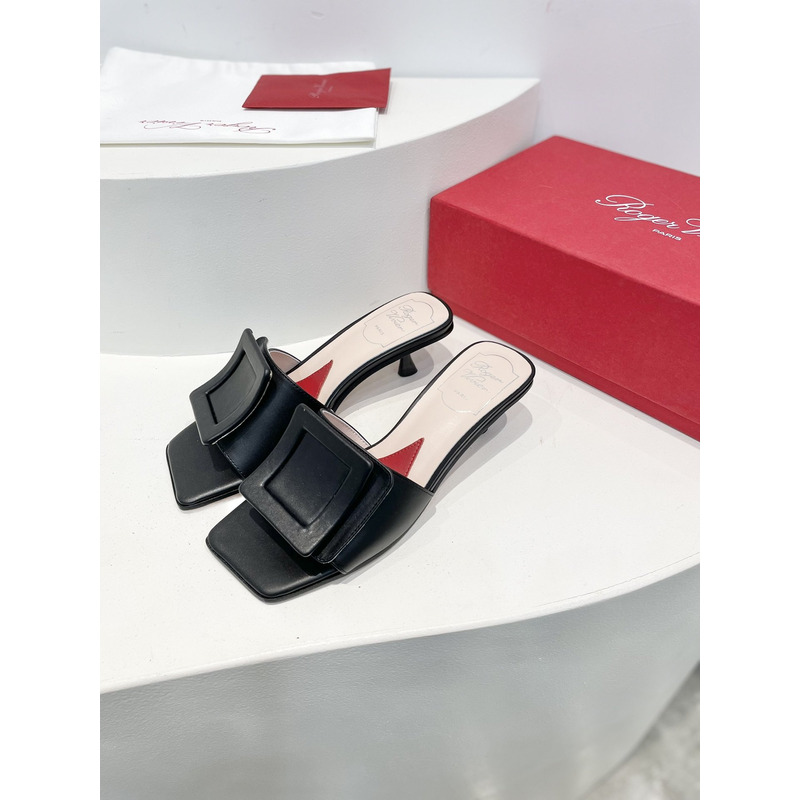 Roger Vivie Covered Patent Leather Buckle Mules Black