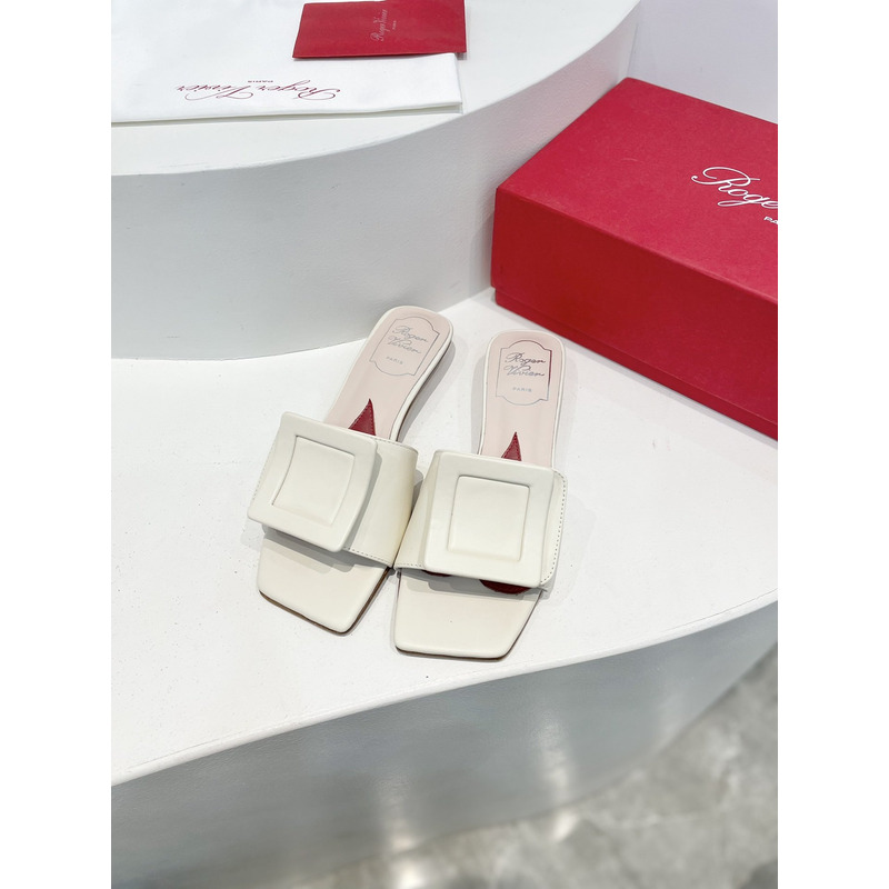 Roger Vivie Covered Patent Leather Buckle Mules White