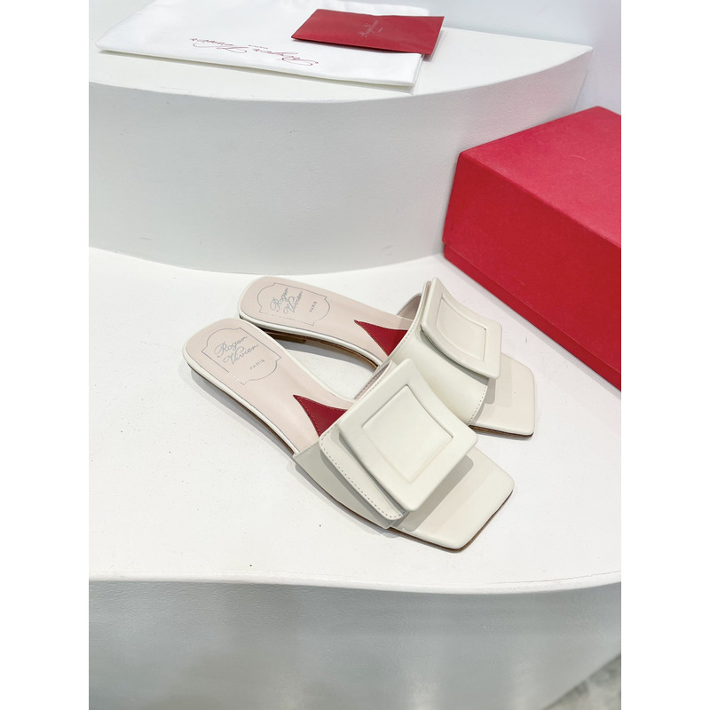 Roger Vivie Covered Patent Leather Buckle Mules White