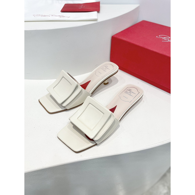 Roger Vivie Covered Patent Leather Buckle Mules White