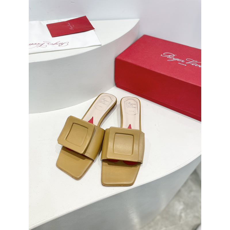 Roger Vivier Covered Buckle Leather Mules Dark Beige