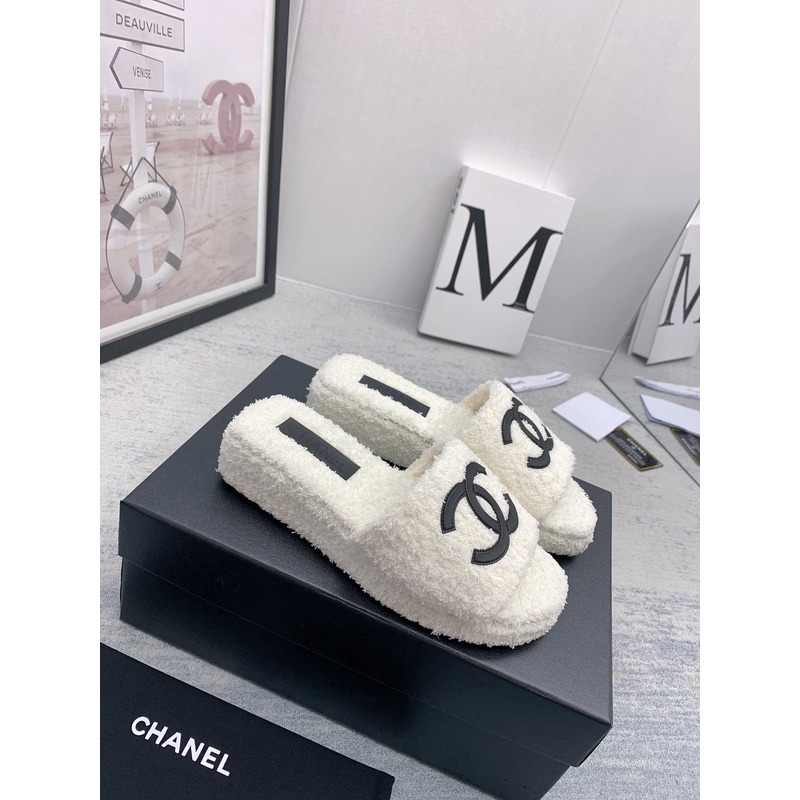 Ch*el lamb down fabric mules white