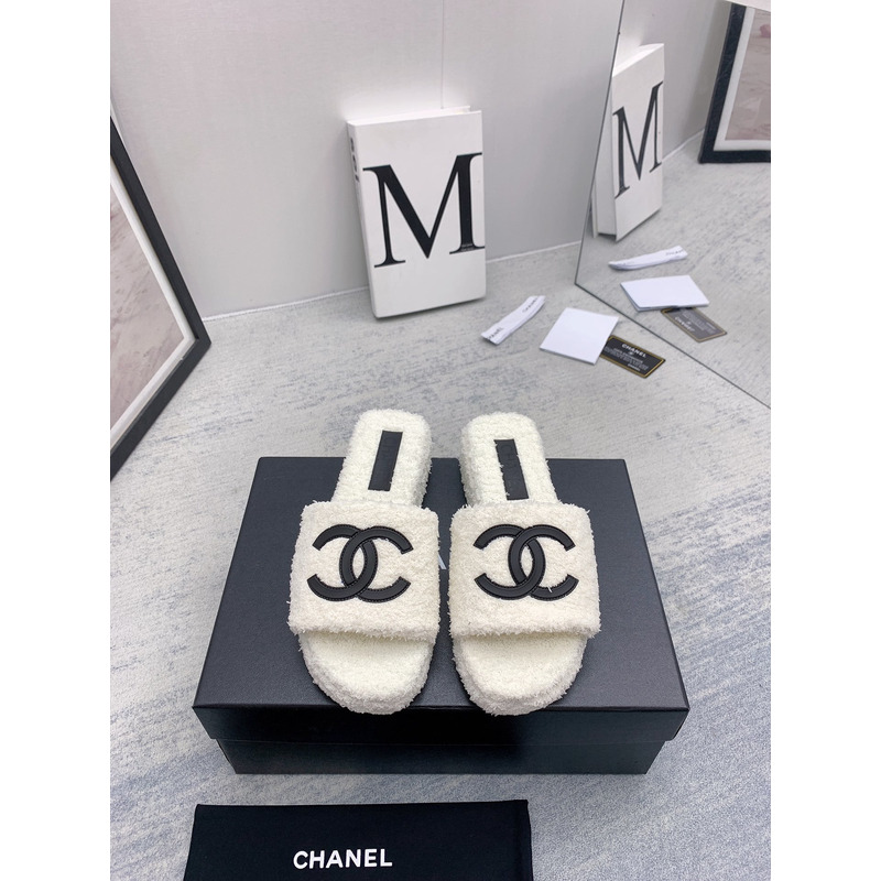 Ch*el lamb down fabric mules white