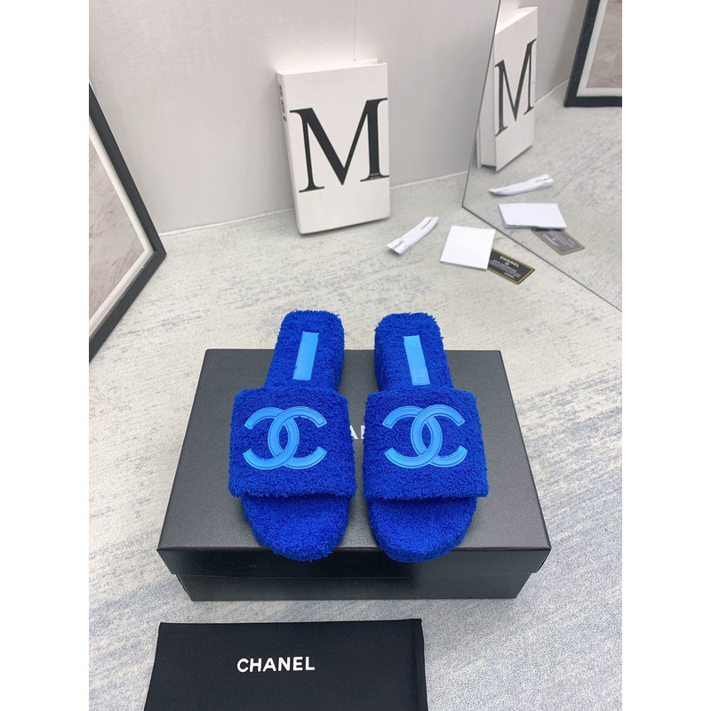 Ch*el lamb down fabric mules blue