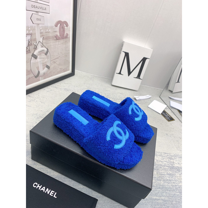 Ch*el lamb down fabric mules blue