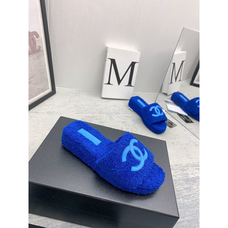 Ch*el lamb down fabric mules blue