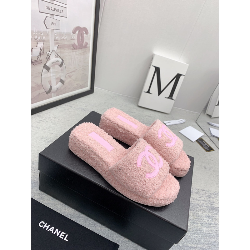 Ch*el lamb down fabric mules pink