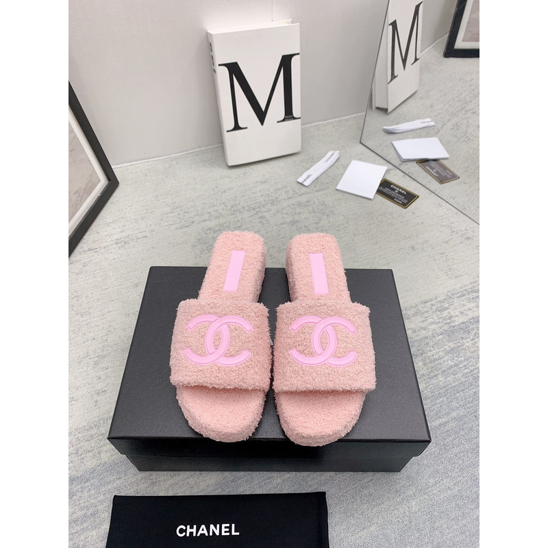 Ch*el lamb down fabric mules pink