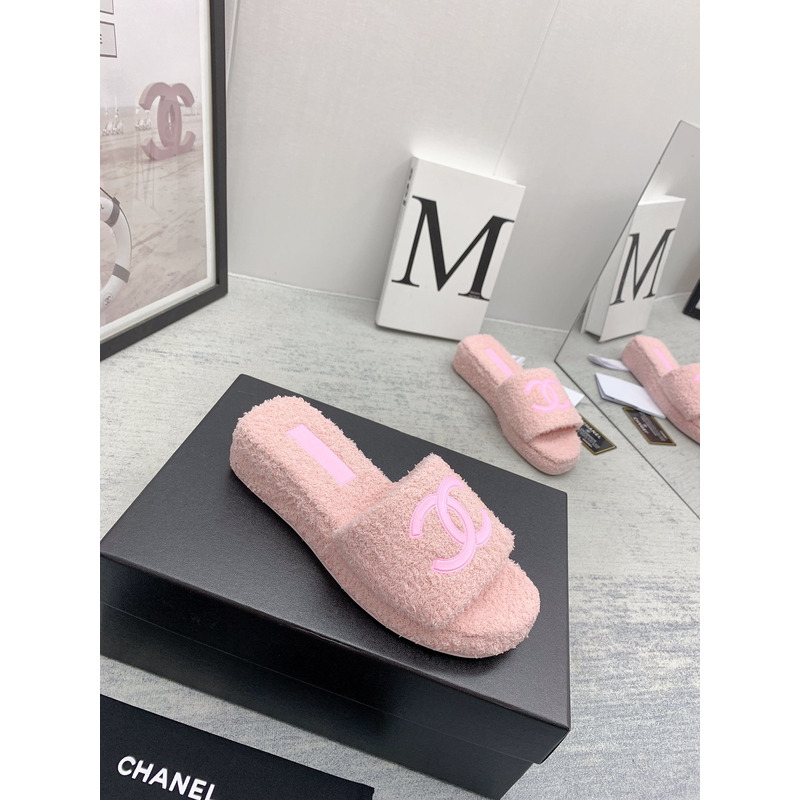 Ch*el lamb down fabric mules pink