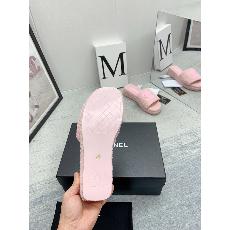 Ch*el lamb down fabric mules pink