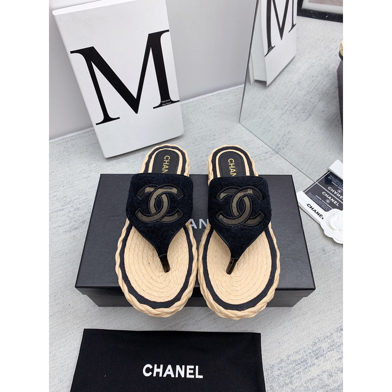 Ch*el casual style flip flops elegant style logo flat sandals black